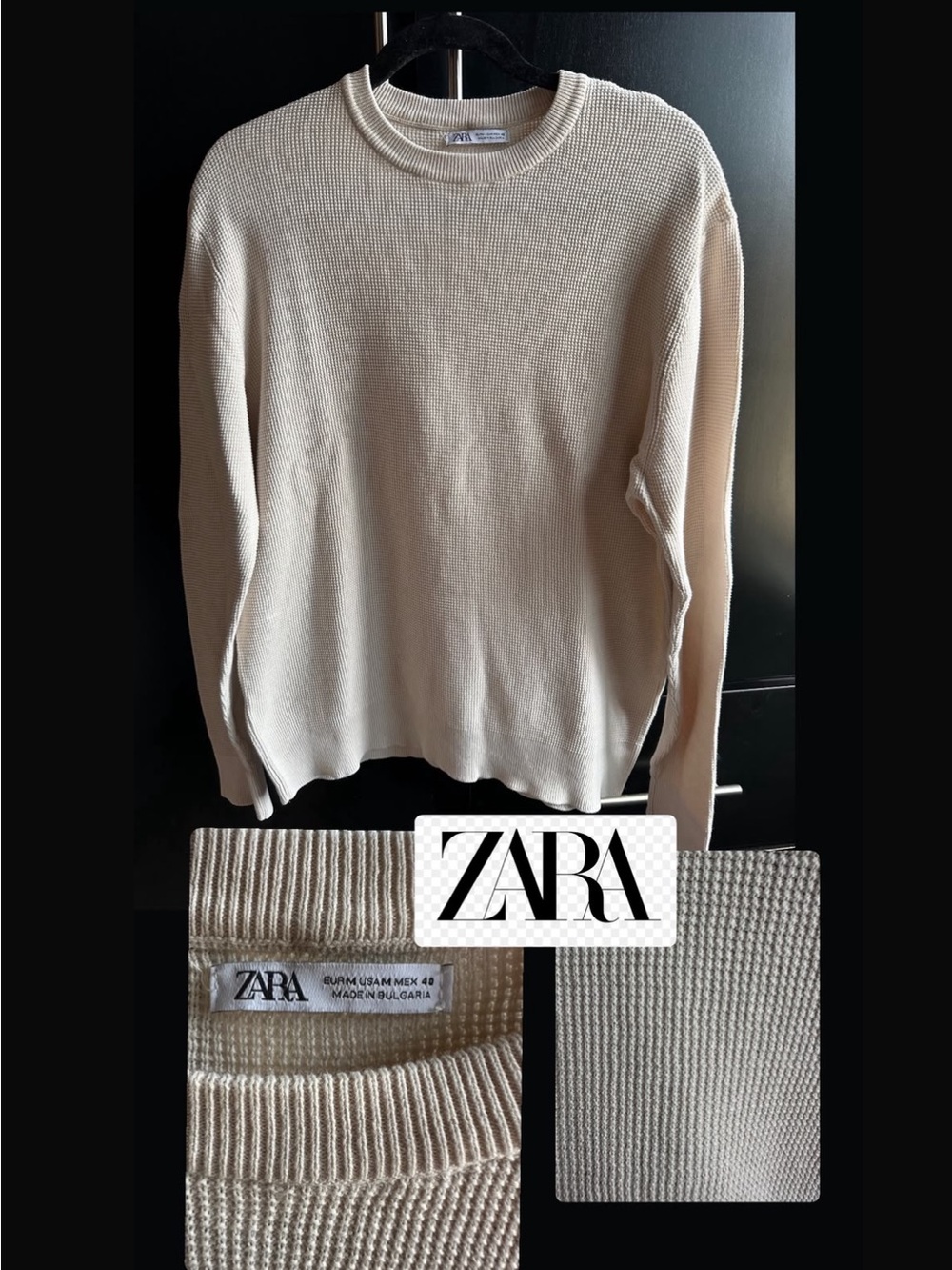 Zara Cream Waffle Knit Crew Sweater